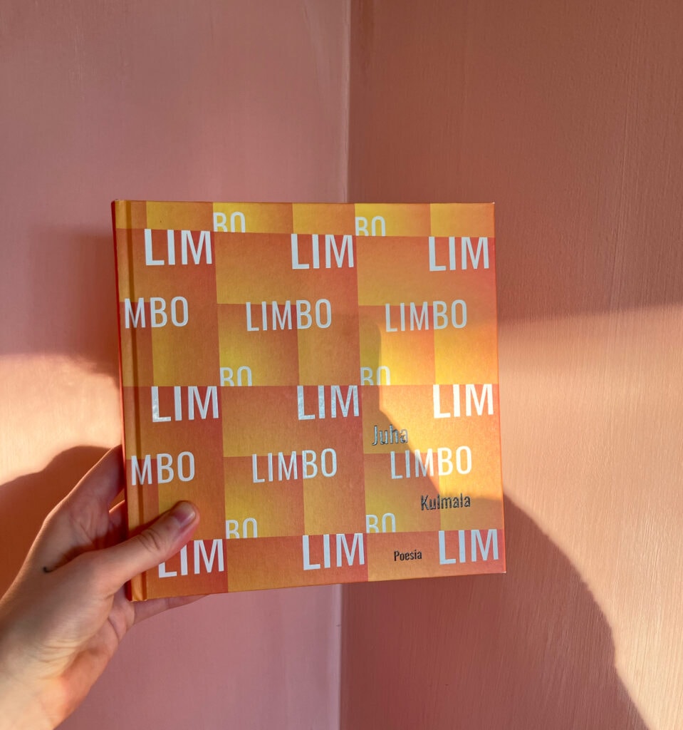 Kuvassa Juha Kulmalan oranssikantinen LIMBO-teos vaaleanpunaista seinää vasten.