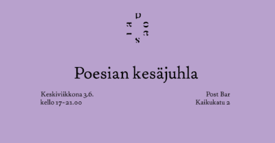 Kuvassa lukee lilalla taustalla Poesian kesäjuhlat ja tapahtumatietoja.